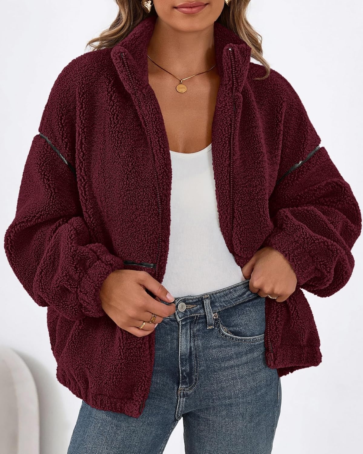 image:imageKIRUNDO Sherpa Jacket Women Fleece Zip Up Winter CoatsBurgundy