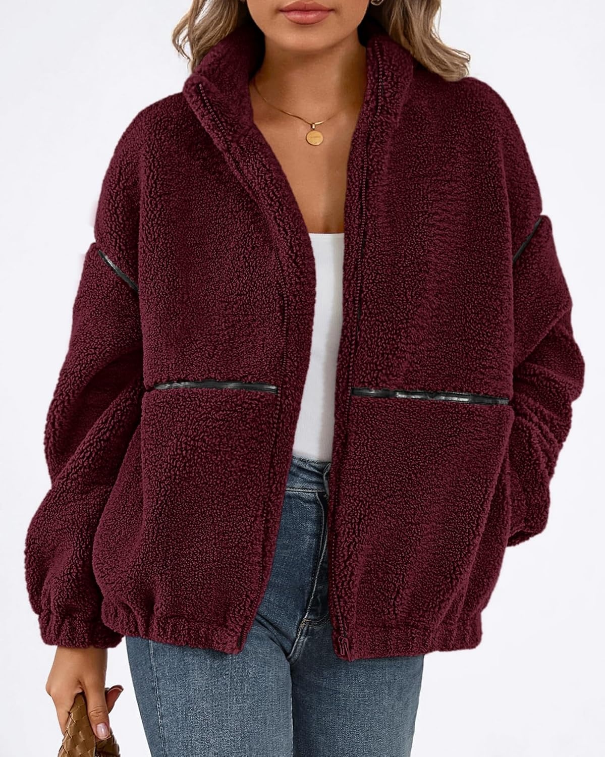 image:imageKIRUNDO Sherpa Jacket Women Fleece Zip Up Winter CoatsBurgundy
