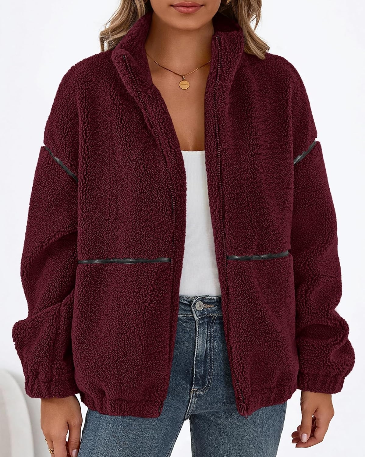 image:imageKIRUNDO Sherpa Jacket Women Fleece Zip Up Winter CoatsBurgundy