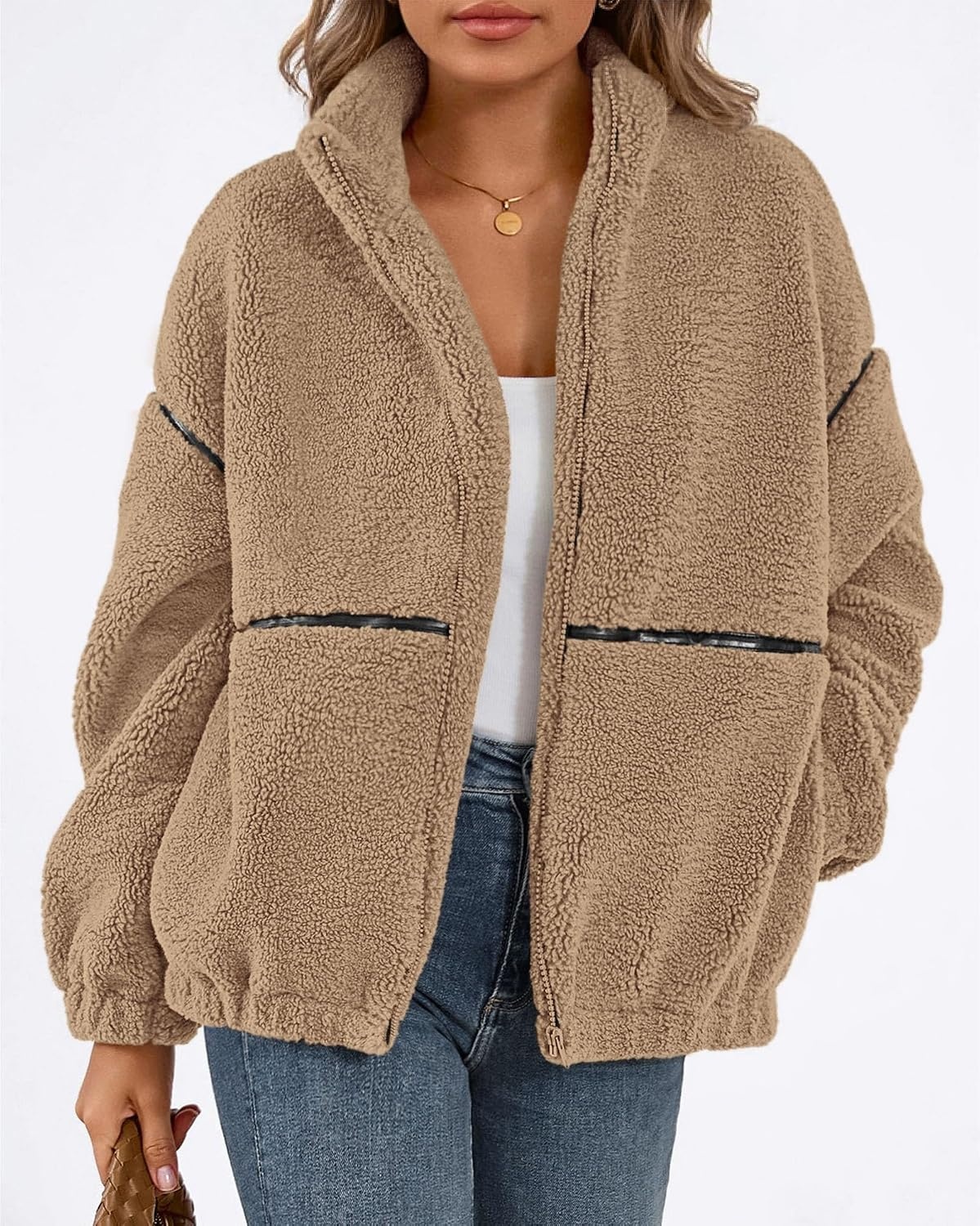 image:imageKIRUNDO Sherpa Jacket Women Fleece Zip Up Winter CoatsKhaki