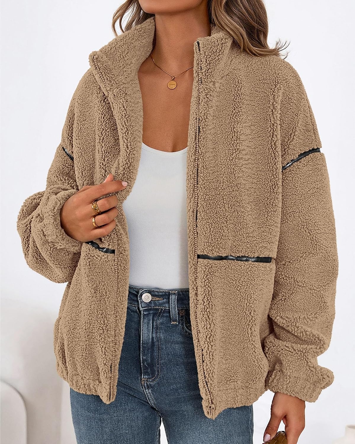 image:imageKIRUNDO Sherpa Jacket Women Fleece Zip Up Winter CoatsKhaki