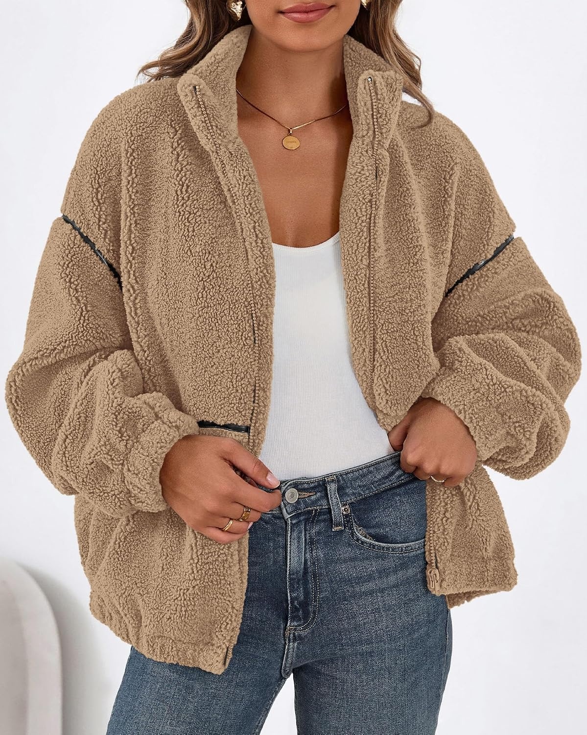 image:imageKIRUNDO Sherpa Jacket Women Fleece Zip Up Winter CoatsKhaki