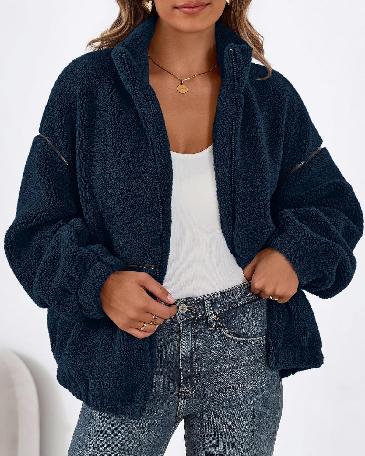 image:imageKIRUNDO Sherpa Jacket Women Fleece Zip Up Winter CoatsNavy Blue