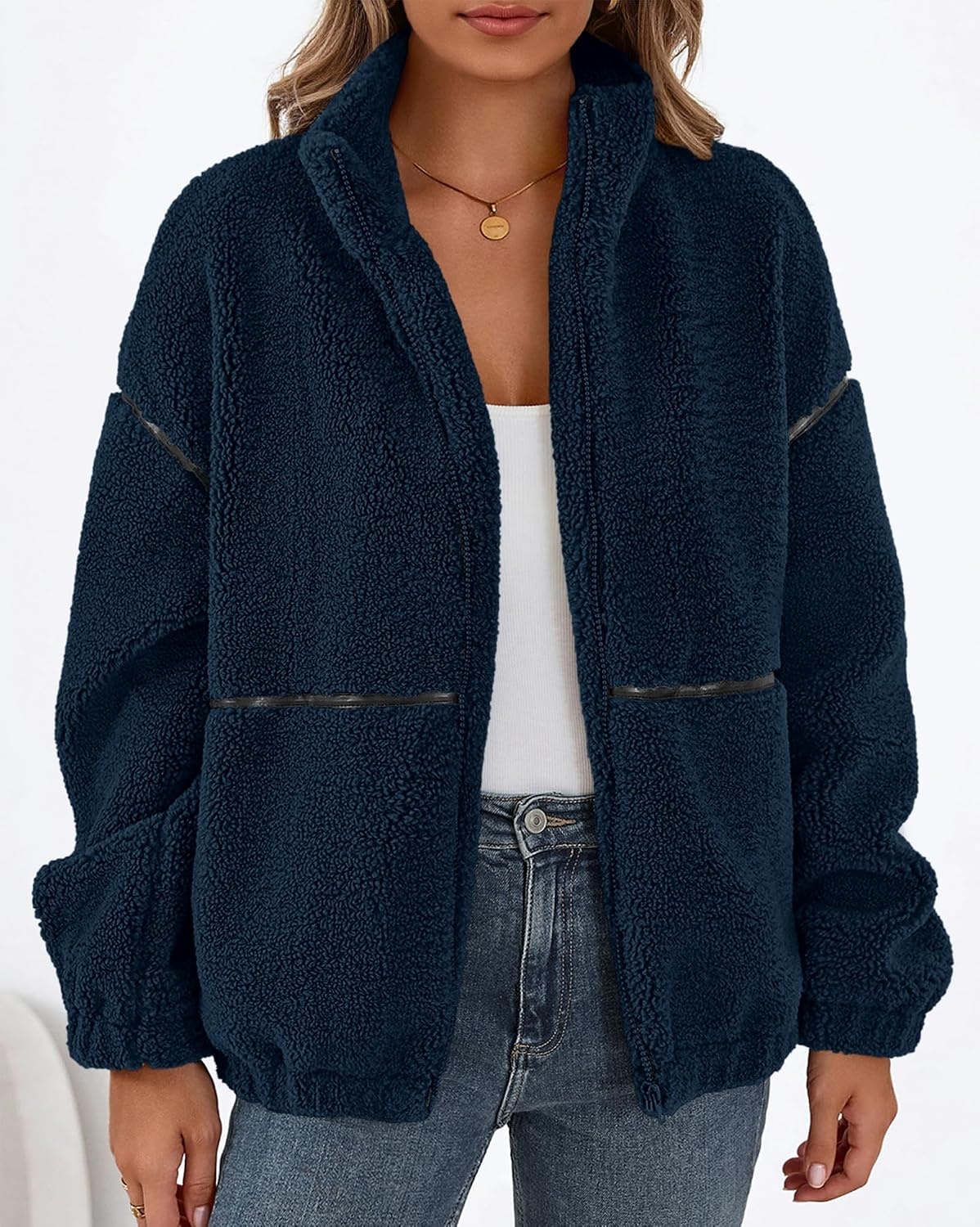 image:imageKIRUNDO Sherpa Jacket Women Fleece Zip Up Winter CoatsNavy Blue