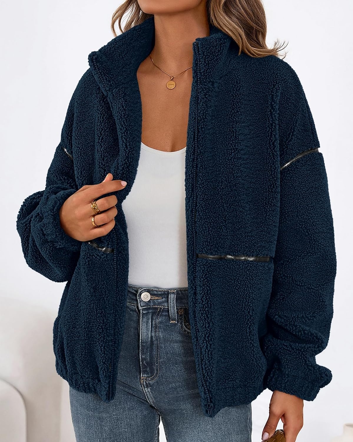 image:imageKIRUNDO Sherpa Jacket Women Fleece Zip Up Winter CoatsNavy Blue