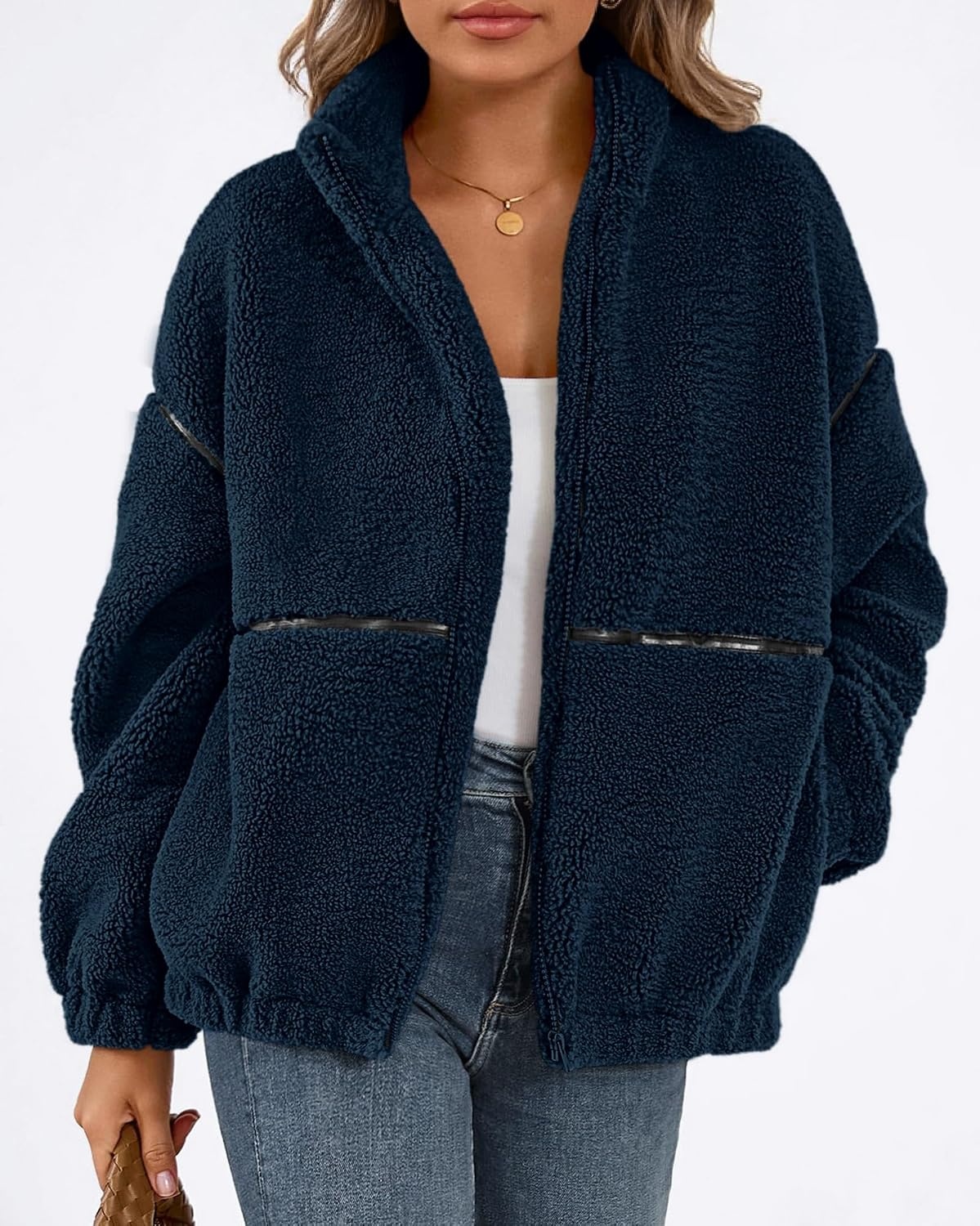 image:imageKIRUNDO Sherpa Jacket Women Fleece Zip Up Winter CoatsNavy Blue