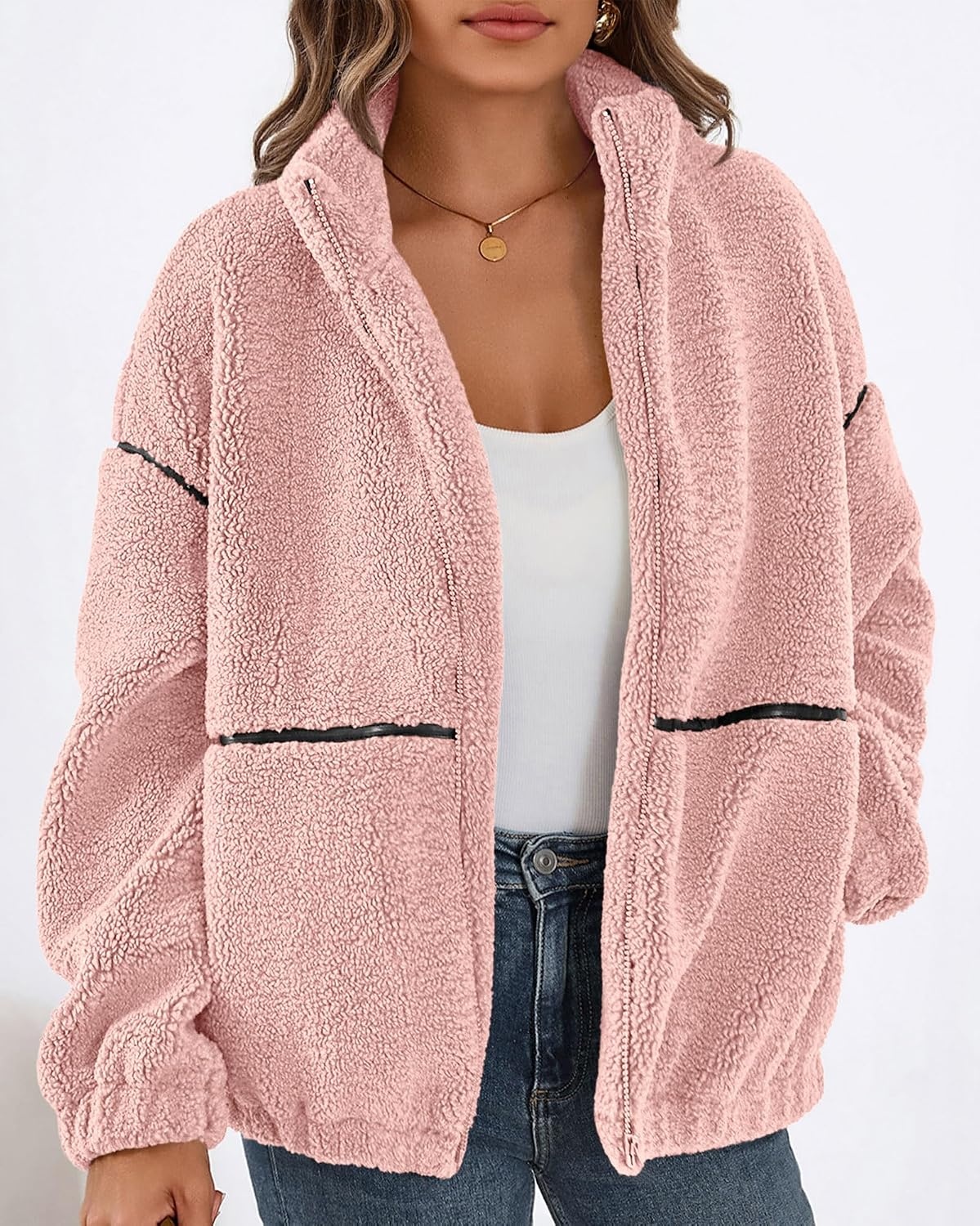 image:imageKIRUNDO Sherpa Jacket Women Fleece Zip Up Winter CoatsPink