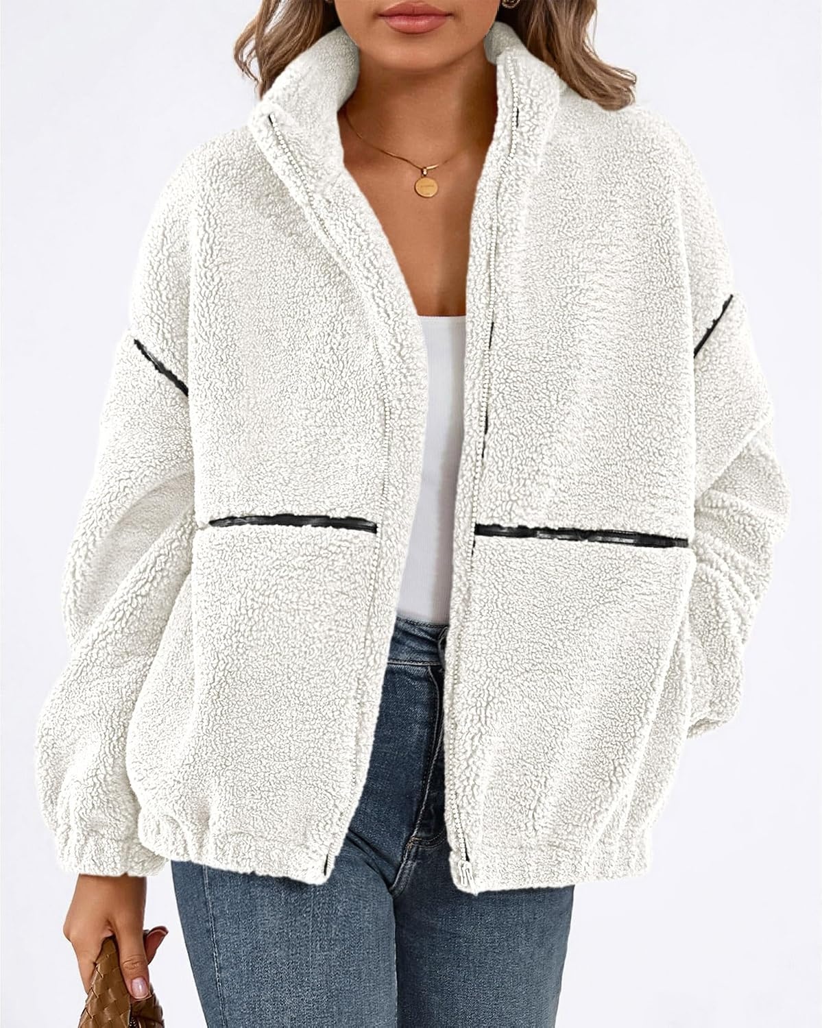 image:imageKIRUNDO Sherpa Jacket Women Fleece Zip Up Winter CoatsWhite