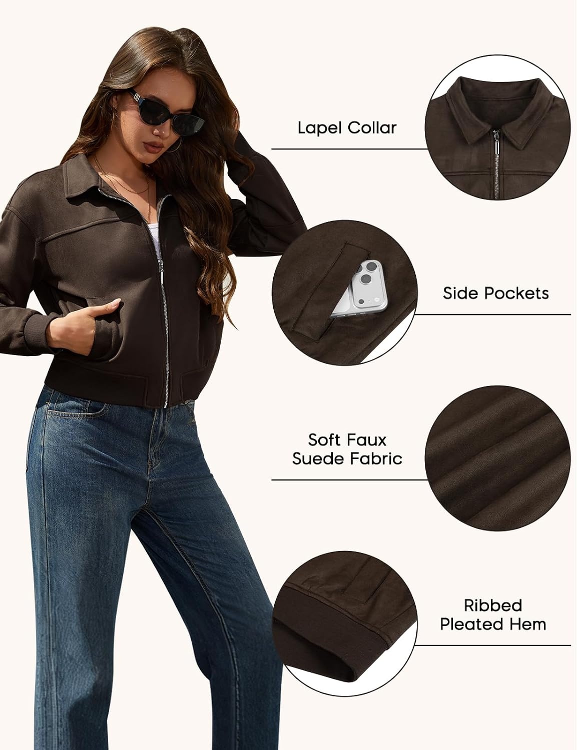 image:imageWomens Faux Suede Jacket Zip Up Bomber Coats Outwear with PocketsDark Brown