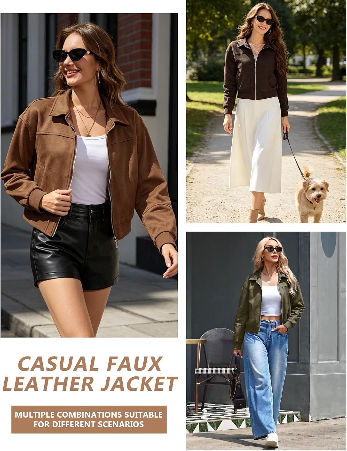image:imageWomens Faux Suede Jacket Zip Up Bomber Coats Outwear with PocketsDark Brown
