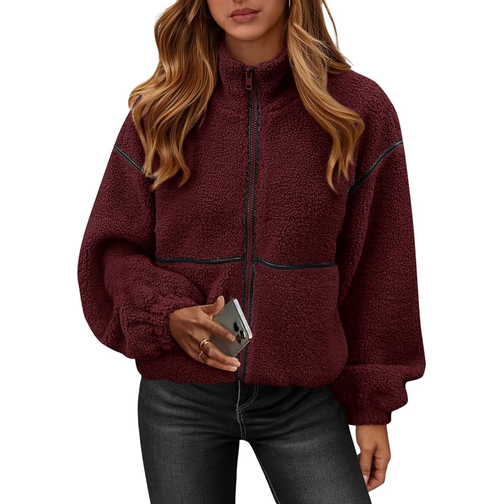 image:imageKIRUNDO Sherpa Jacket Women Fleece Zip Up Winter CoatsBurgundy