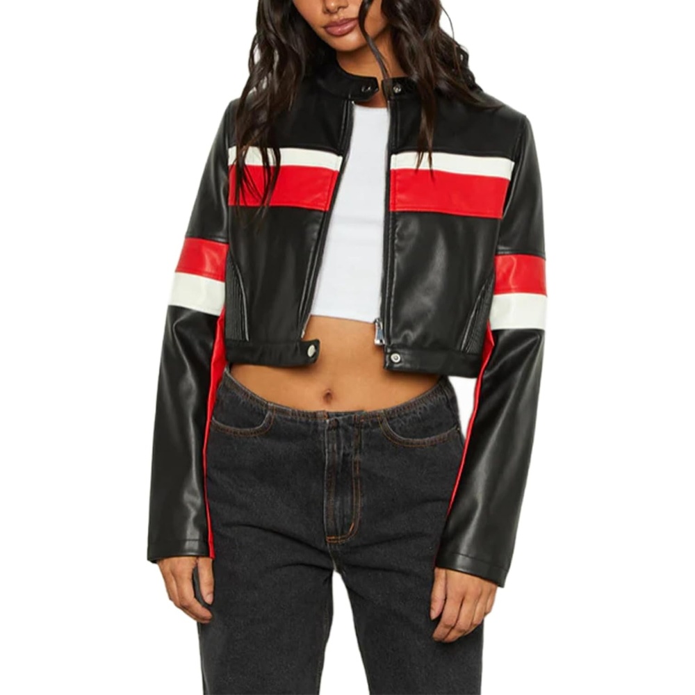 image:imageVOIKERDR Faux Leather Jacket Women Zip Up Motorcycle Cropped Jackets Trendy Outerwear Y2K ClothesRed