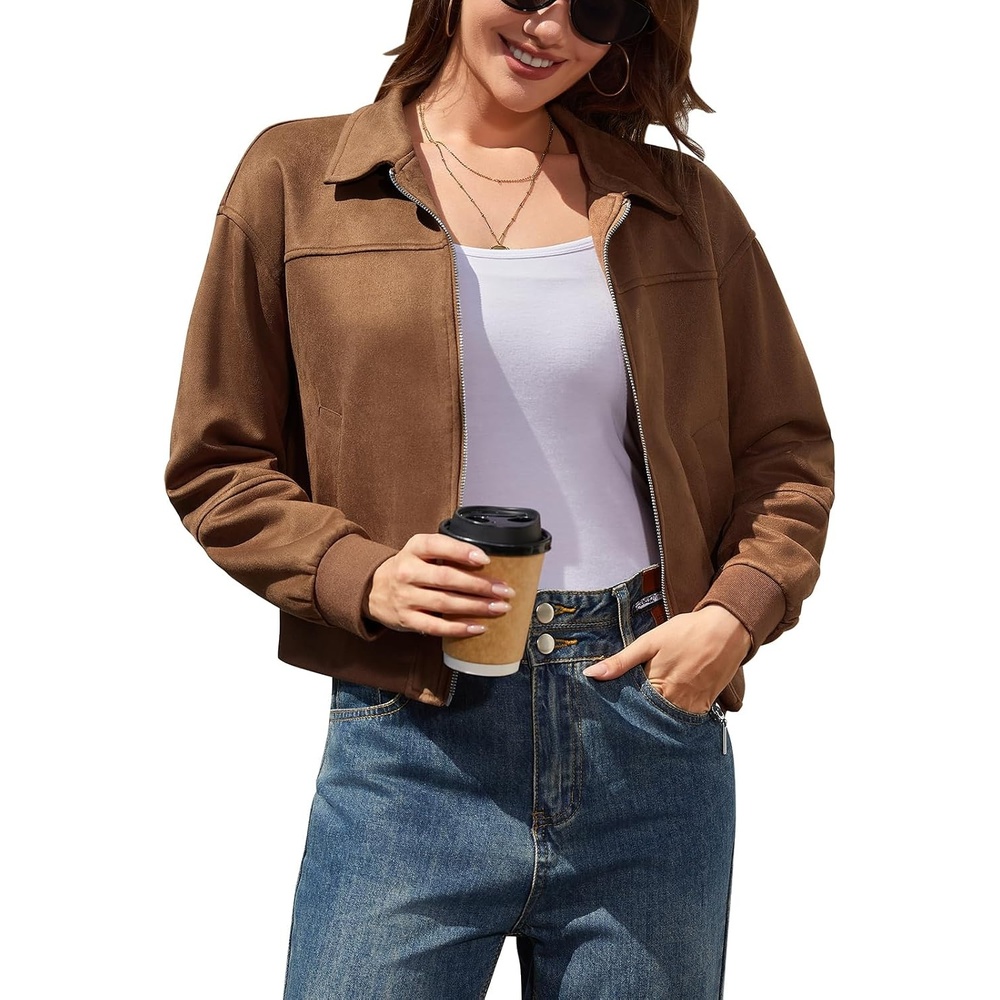 image:imageWomens Faux Suede Jacket Zip Up Bomber Coats Outwear with PocketsBrown