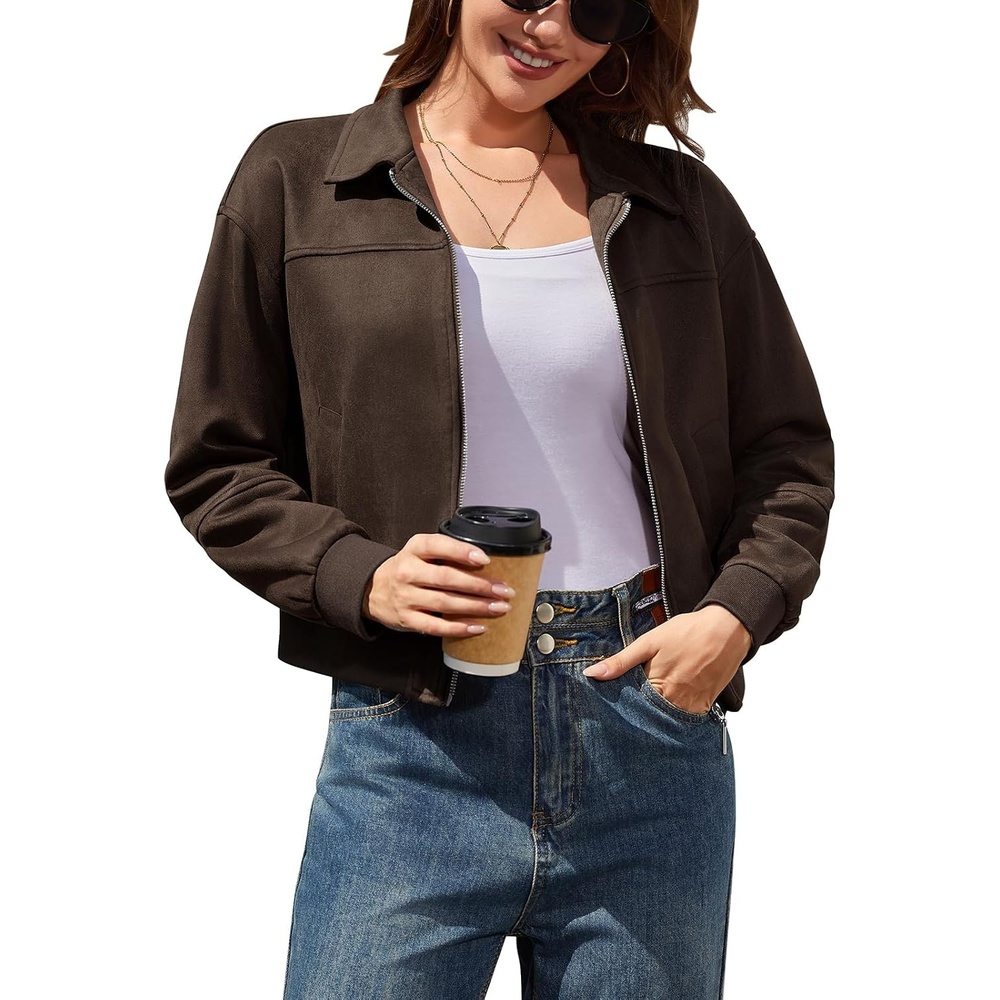 image:imageWomens Faux Suede Jacket Zip Up Bomber Coats Outwear with PocketsDark Brown