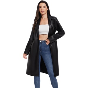 Women’s Faux Leather Trench Coat, Black/Wine Red, S-XXL(Black)