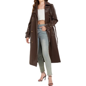 Women’s Faux Leather Trench Coat, Black/Wine Red, S-XXL(Wine Red)