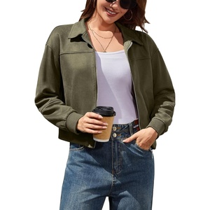 Women’s Faux Suede Jacket Zip Up Bomber Coats Outwear with Pockets(Dark Green)