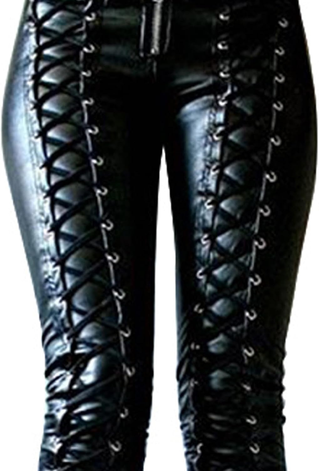 image:imageSexyshine Womens Bandage Lace Up Faux Leather Pants Mid Wasit Tie Criss Cross Y2K Gothic Punk PU Leather Legging TightsBlack