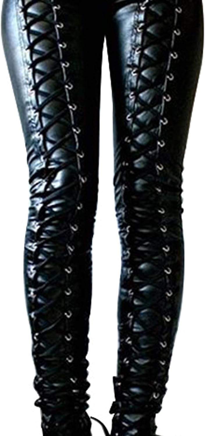 image:imageSexyshine Womens Bandage Lace Up Faux Leather Pants Mid Wasit Tie Criss Cross Y2K Gothic Punk PU Leather Legging TightsBlack