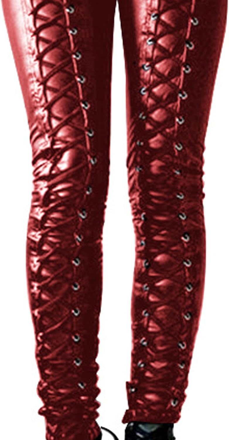 image:imageSexyshine Womens Bandage Lace Up Faux Leather Pants Mid Wasit Tie Criss Cross Y2K Gothic Punk PU Leather Legging TightsRed