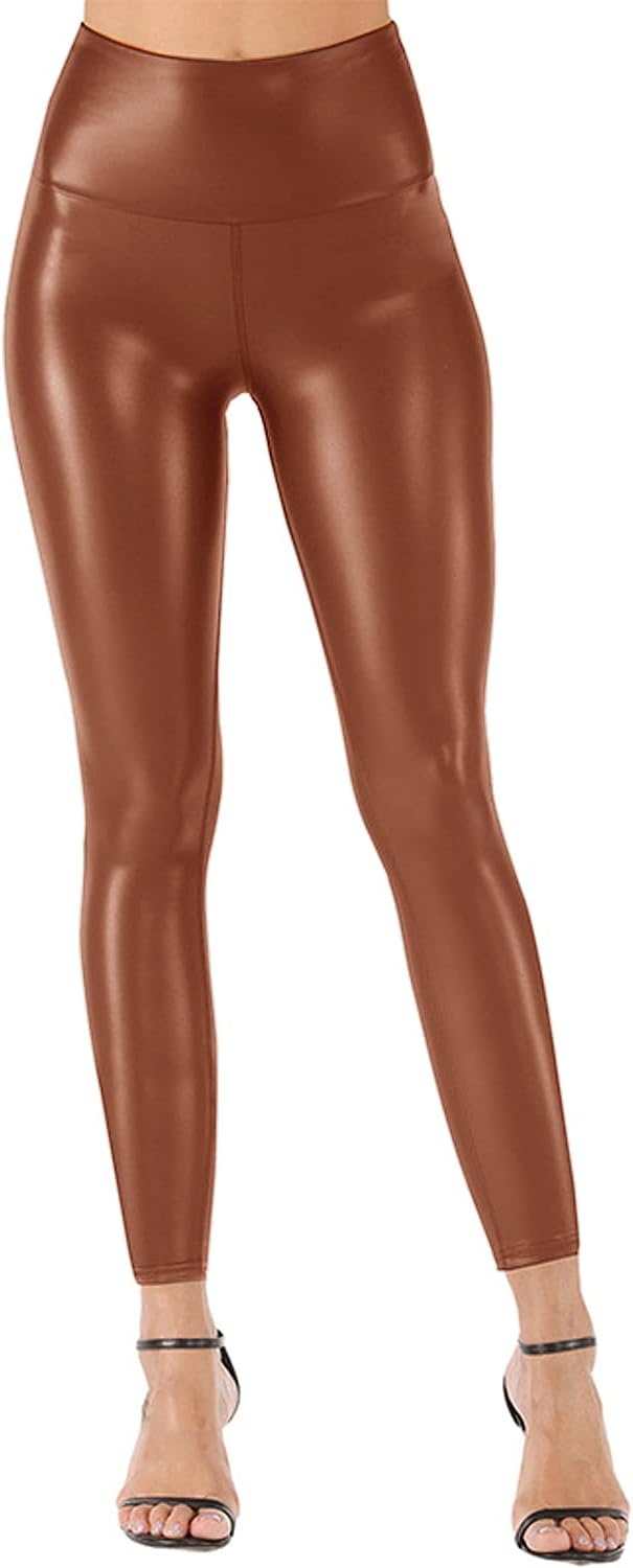 image:imageStretchy High Waisted Tights Faux Leather Leggings Pants for Women Regular Plus SizeBrown