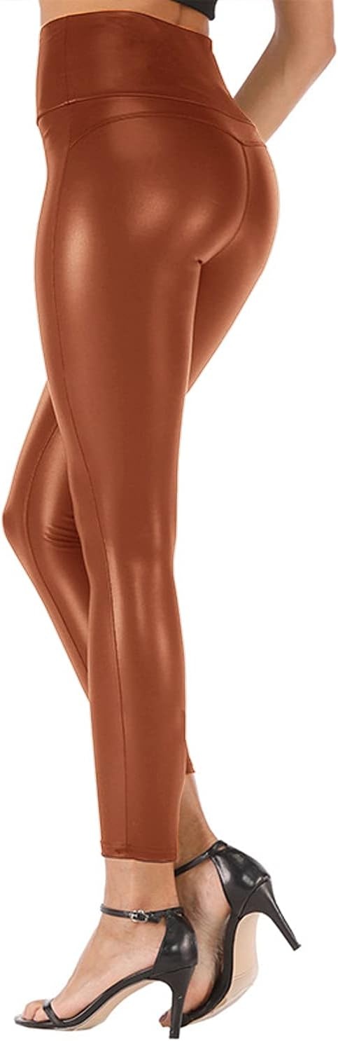 image:imageStretchy High Waisted Tights Faux Leather Leggings Pants for Women Regular Plus SizeBrown