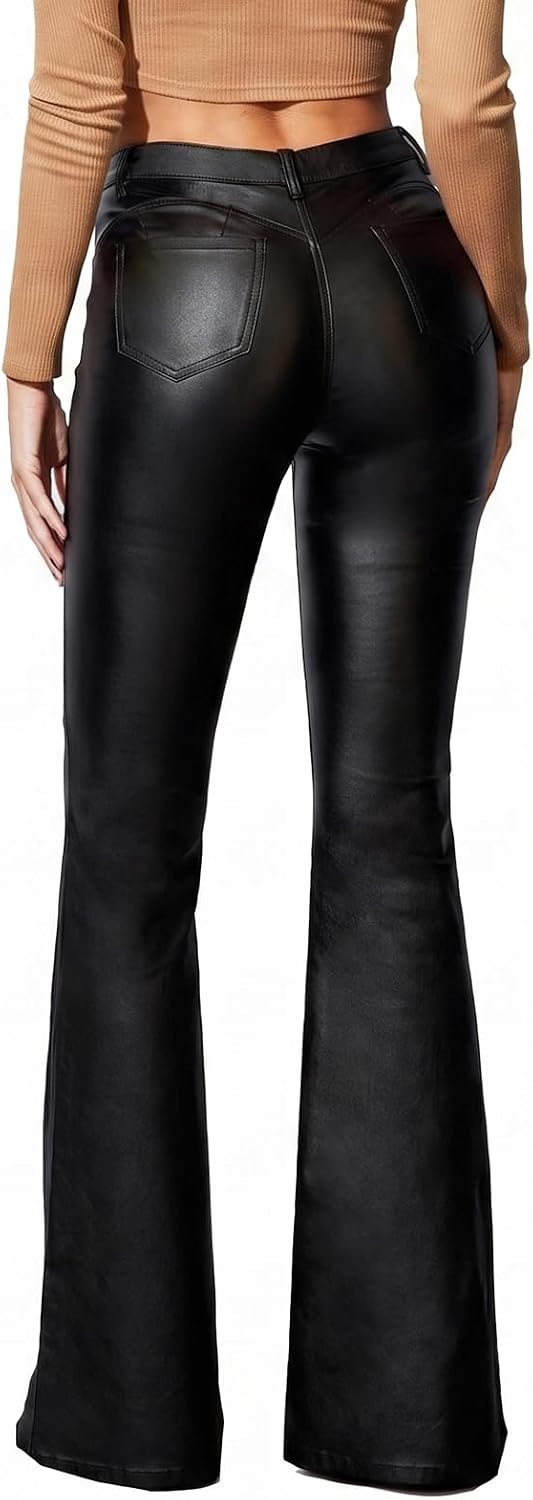 image:imageTHE LOVE BRAND Womens Faux Leather Pants Mid Waist Flare Leather PantsBlack
