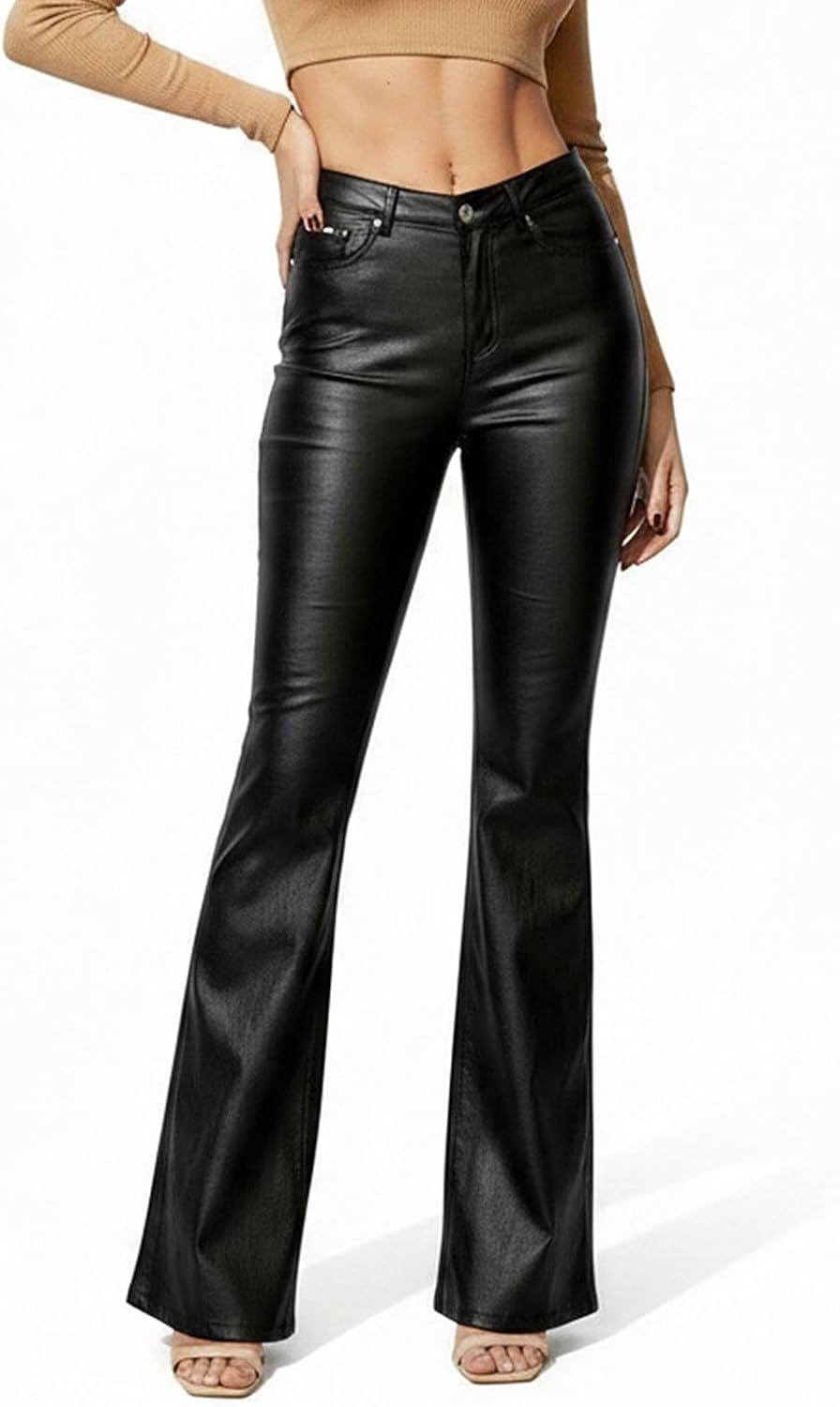 image:imageTHE LOVE BRAND Womens Faux Leather Pants Mid Waist Flare Leather PantsBlack