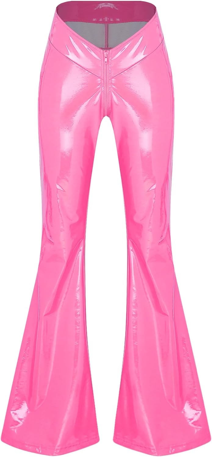 image:imageWomen Patent Leather Leggings Y2k Flared PantsPink