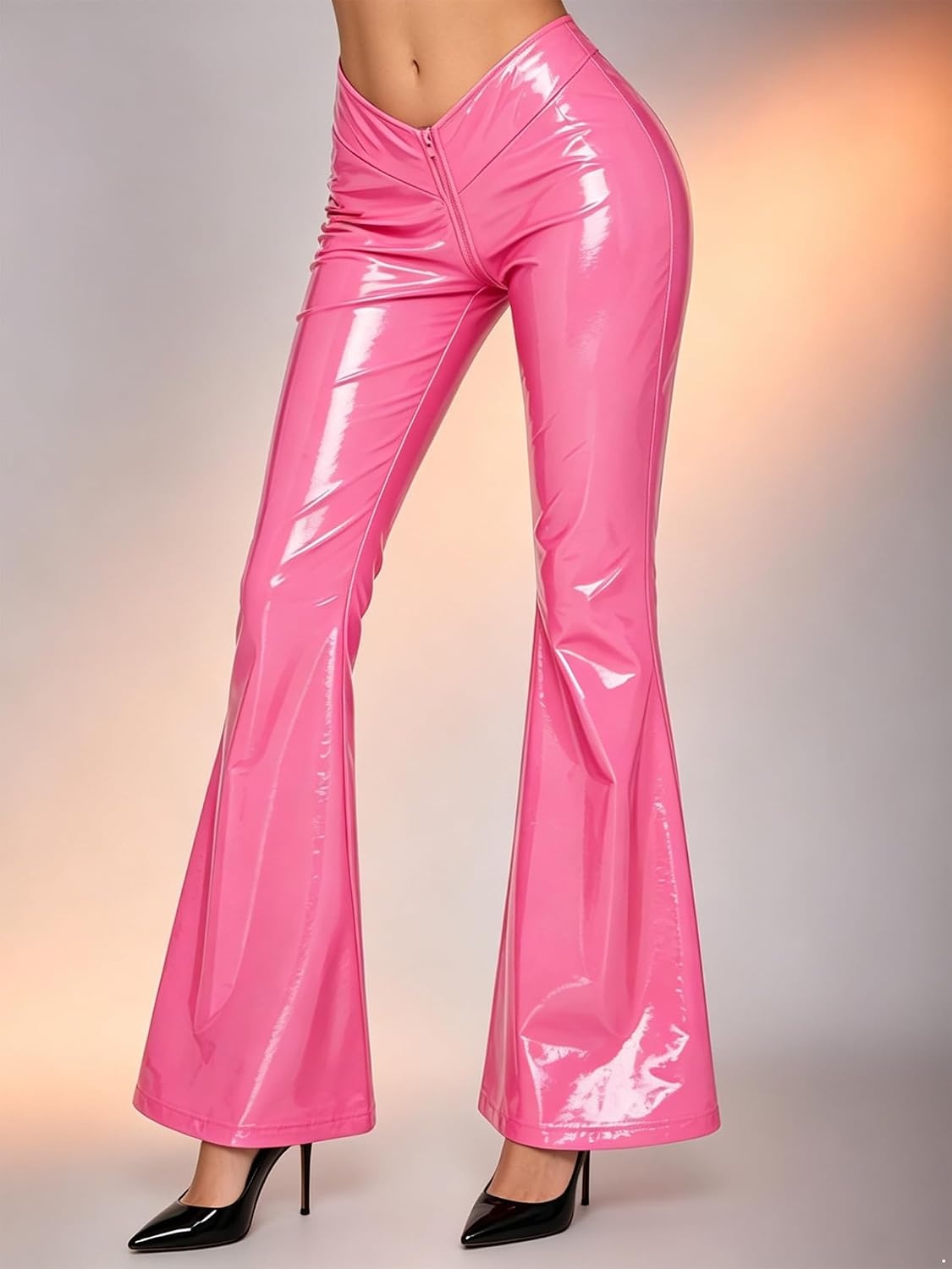 image:imageWomen Patent Leather Leggings Y2k Flared PantsPink
