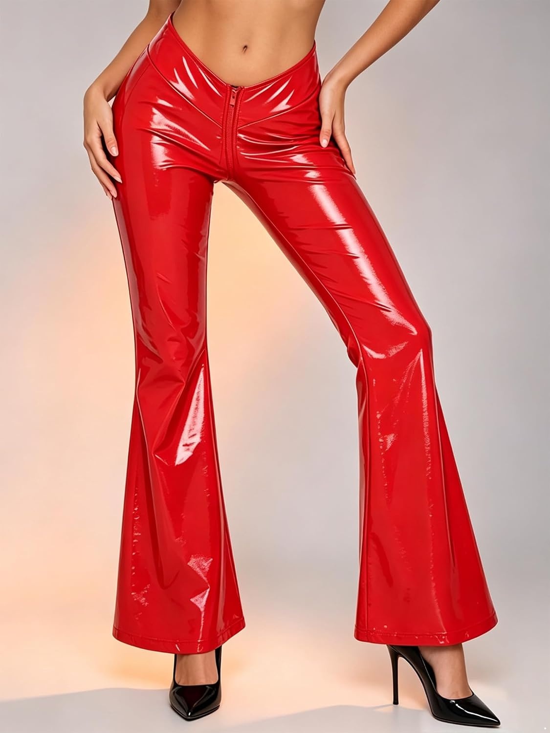 image:imageWomen Patent Leather Leggings Y2k Flared PantsRed