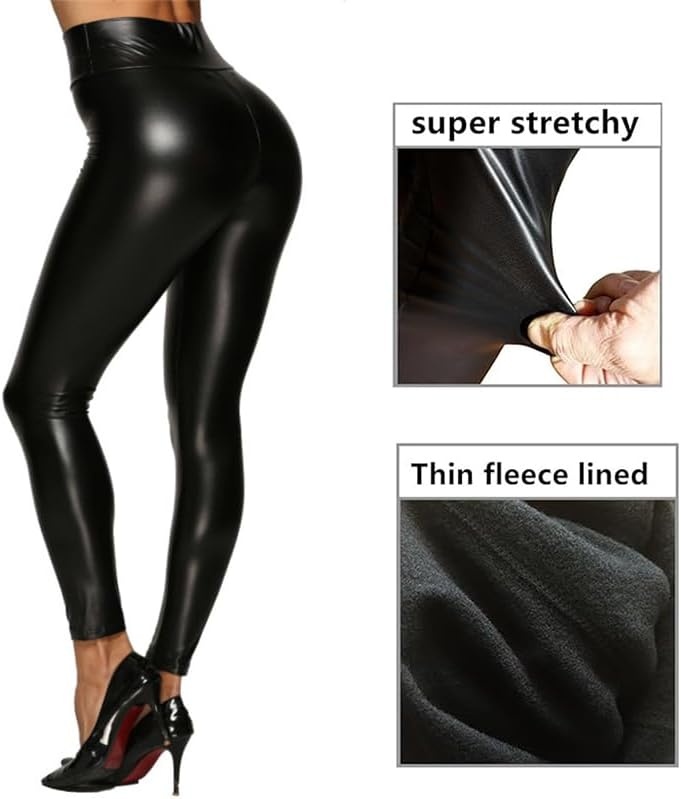 image:imageWomens Faux Leather Leggings Tummy Control Sexy Stretchy High Waisted Tight Booty Pants Elastic Waist Pull On BlackAblackfleece Lined