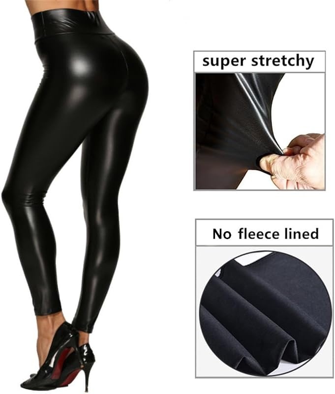 image:imageWomens Faux Leather Leggings Tummy Control Sexy Stretchy High Waisted Tight Booty Pants Elastic Waist Pull On BlackBlack