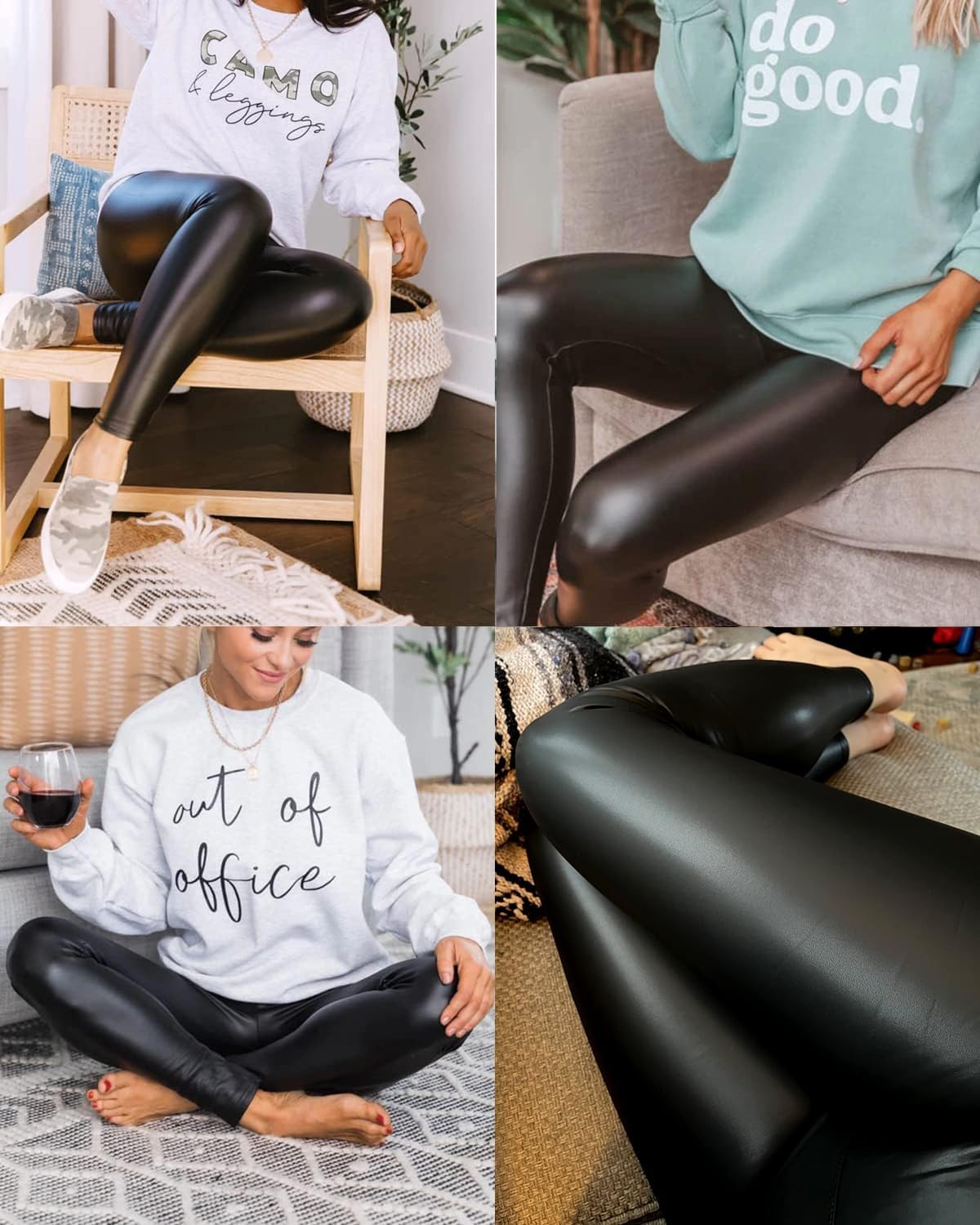 image:imageWomens Faux Leather Leggings Tummy Control Sexy Stretchy High Waisted Tight Booty Pants Elastic Waist Pull On BlackBlack
