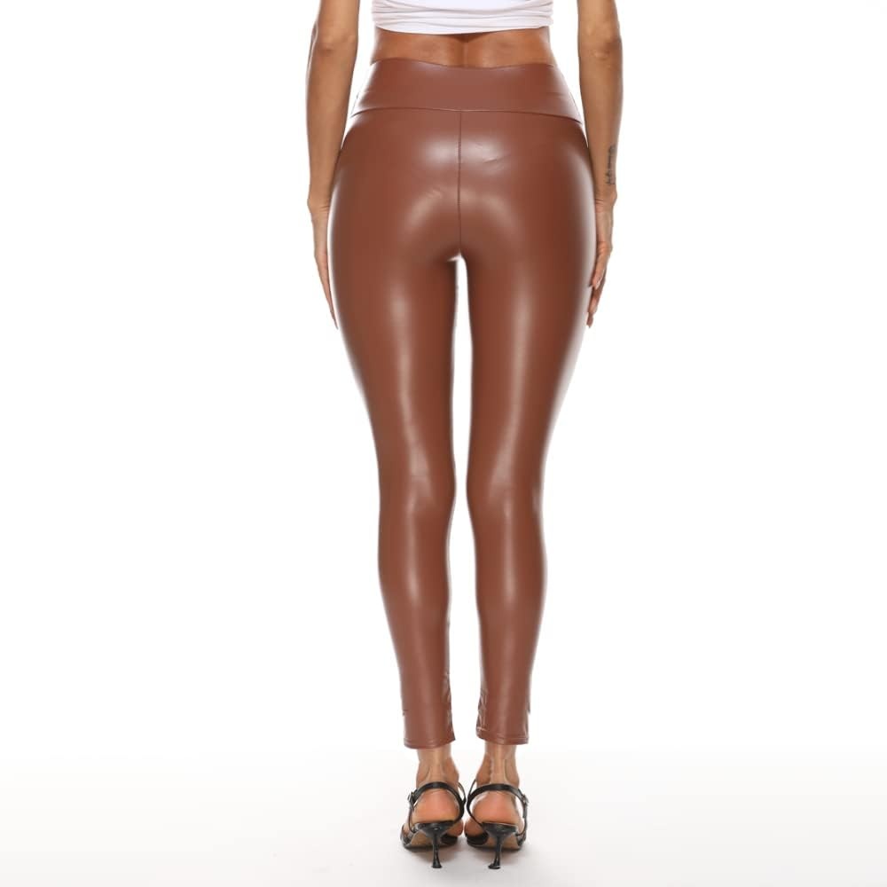 image:imageWomens Faux Leather Leggings Tummy Control Sexy Stretchy High Waisted Tight Booty Pants Elastic Waist Pull On BlackBrownthin