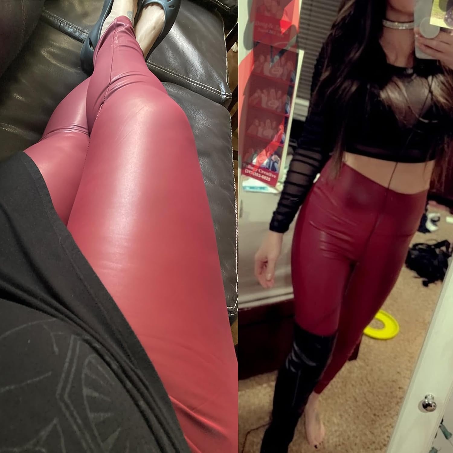 image:imageWomens Faux Leather Leggings Tummy Control Sexy Stretchy High Waisted Tight Booty Pants Elastic Waist Pull On BlackRedthin