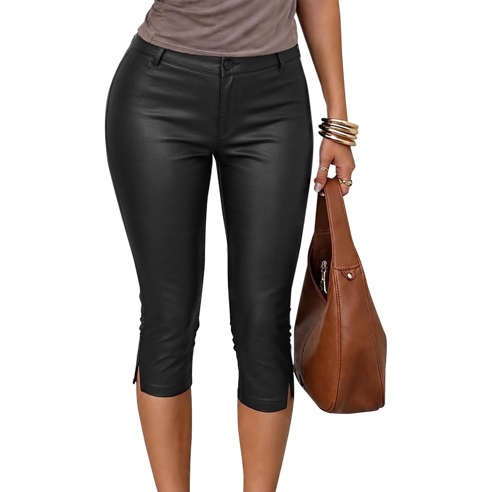 image:imageAvanova Women Faux Leather Capri Pants with Slit HemBlack