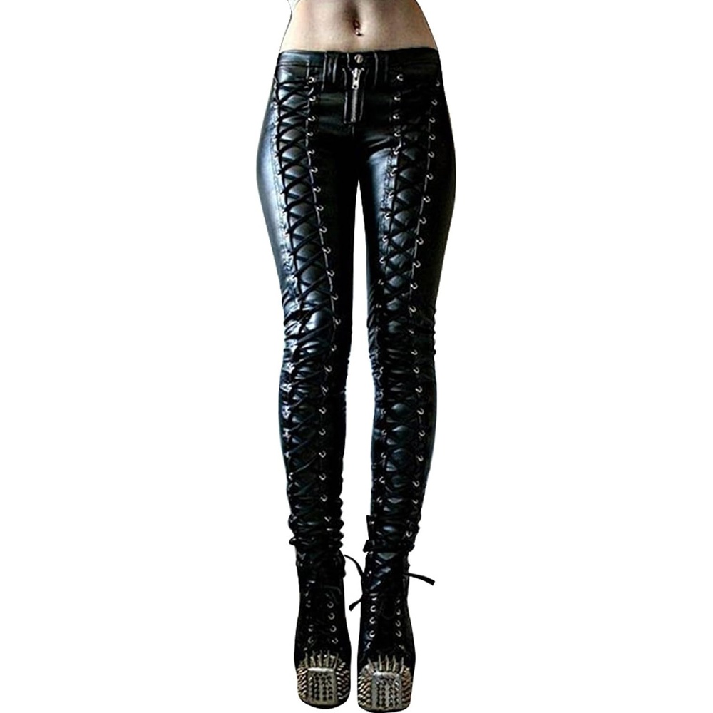 image:imageSexyshine Womens Bandage Lace Up Faux Leather Pants Mid Wasit Tie Criss Cross Y2K Gothic Punk PU Leather Legging TightsBlack