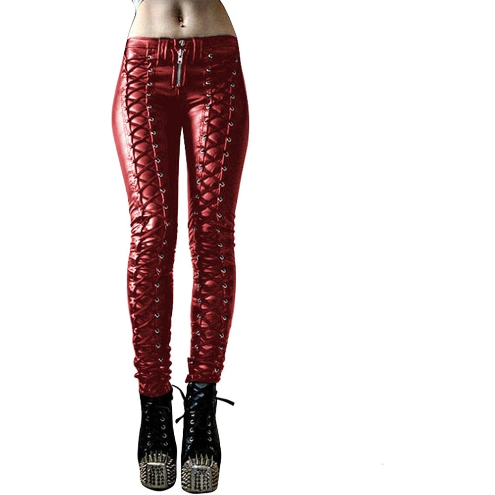 image:imageSexyshine Womens Bandage Lace Up Faux Leather Pants Mid Wasit Tie Criss Cross Y2K Gothic Punk PU Leather Legging TightsRed