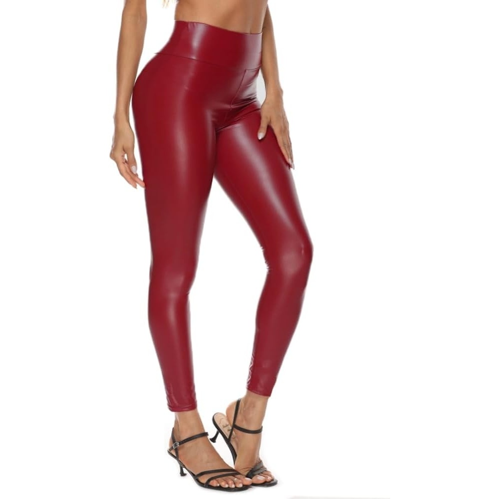 image:imageWomens Faux Leather Leggings Tummy Control Sexy Stretchy High Waisted Tight Booty Pants Elastic Waist Pull On BlackRedthin