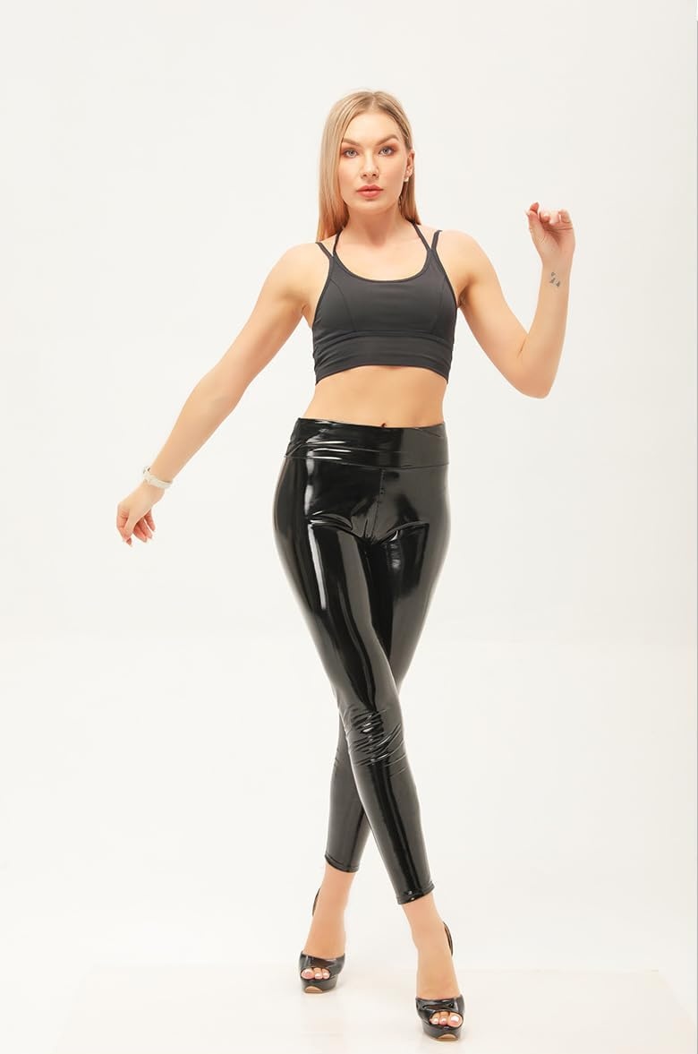 image:imageCicilin Womens Patent Glossy Faux Leather Leggings High WaistedBlack
