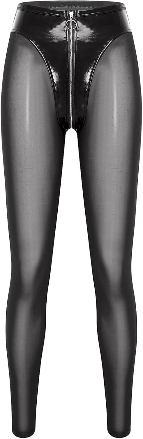 image:imageKaerm Women Patent Leather Wetlook Rave Leggings Zipper Crotch Y2k Trousers Bodycon Pencil Pants Latex TightsBlack