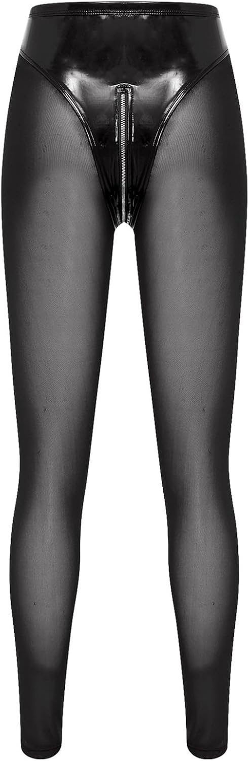 image:imageKaerm Women Patent Leather Wetlook Rave Leggings Zipper Crotch Y2k Trousers Bodycon Pencil Pants Latex TightsBlack