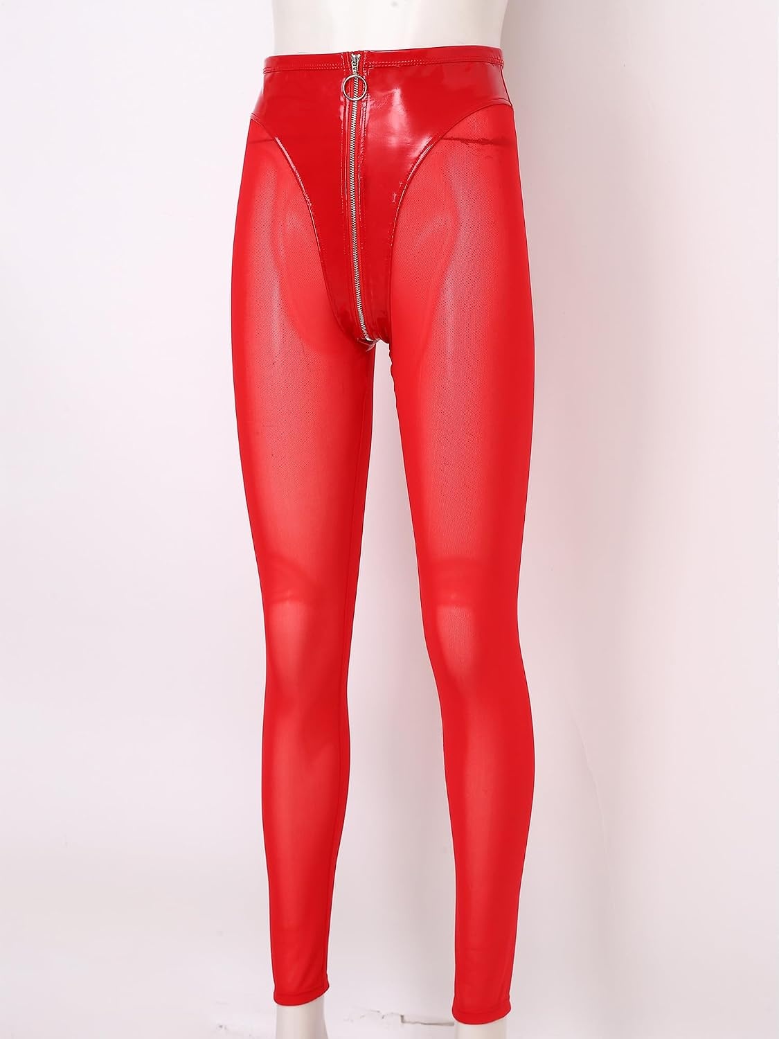 image:imageKaerm Women Patent Leather Wetlook Rave Leggings Zipper Crotch Y2k Trousers Bodycon Pencil Pants Latex TightsRed