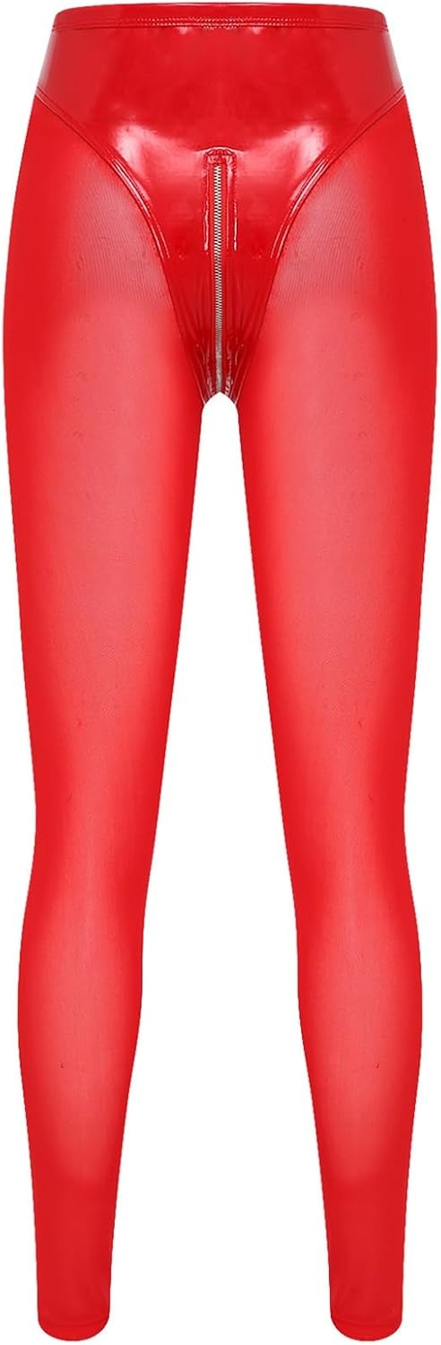 image:imageKaerm Women Patent Leather Wetlook Rave Leggings Zipper Crotch Y2k Trousers Bodycon Pencil Pants Latex TightsRed