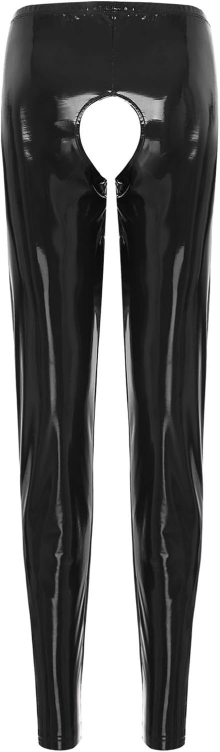 image:imageLejafay Womens Sexy Patent Leather Long Pants Crotchless Trousers Pole Dance Bottoms Latex LeggingsLong Black a