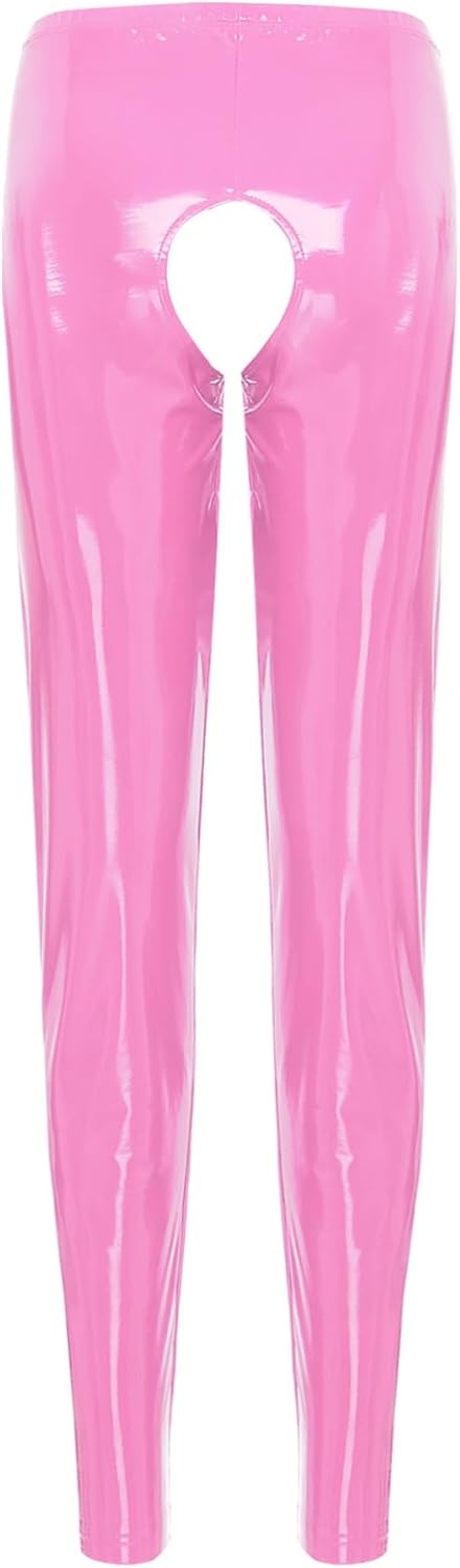 image:imageLejafay Womens Sexy Patent Leather Long Pants Crotchless Trousers Pole Dance Bottoms Latex LeggingsLong Pink a