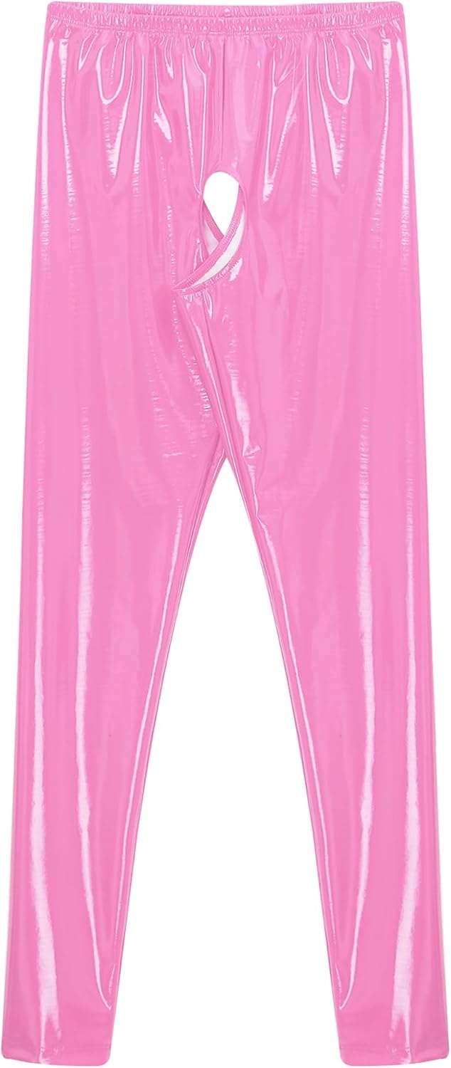 image:imageLejafay Womens Sexy Patent Leather Long Pants Crotchless Trousers Pole Dance Bottoms Latex LeggingsLong Pink a
