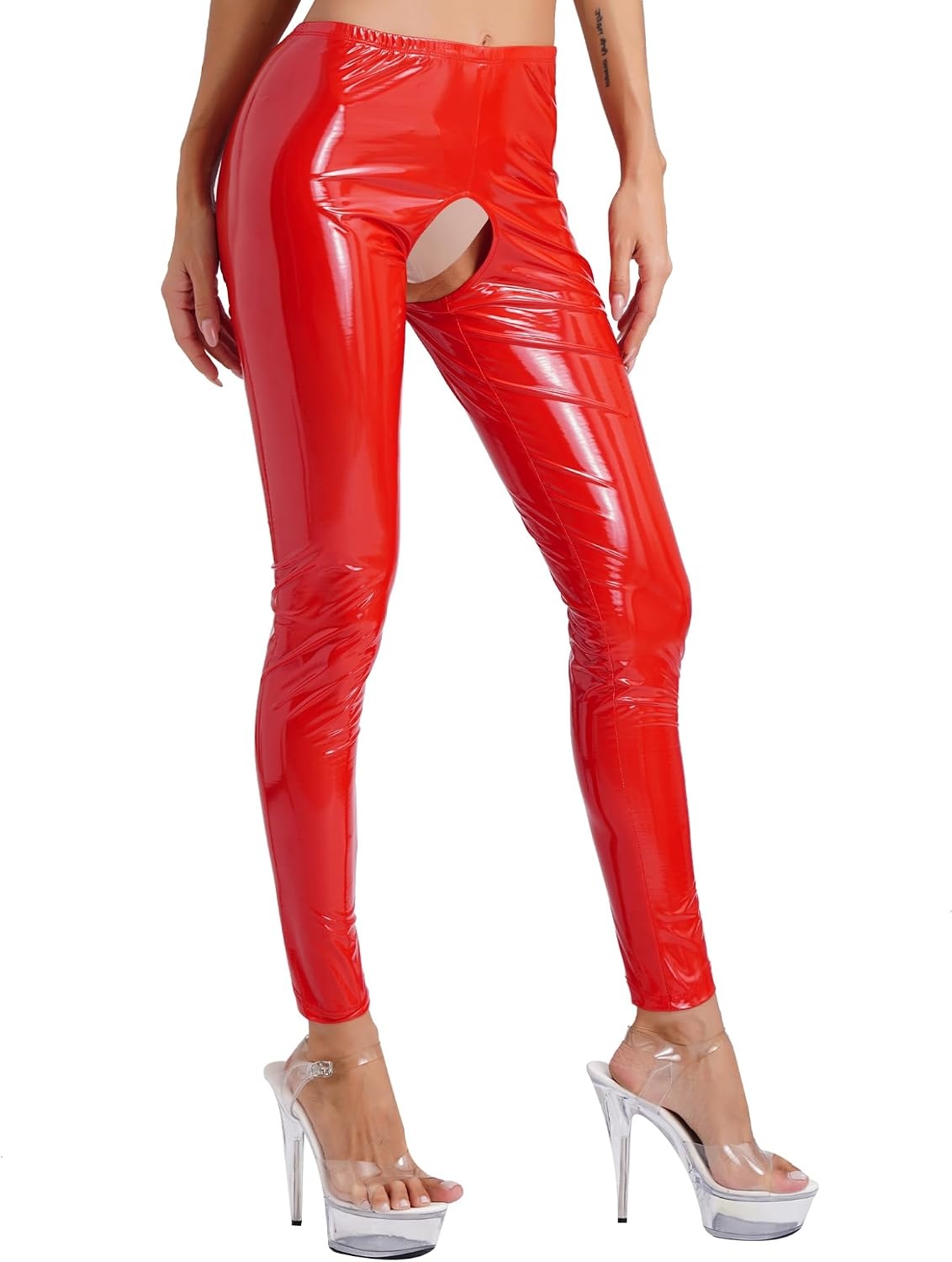 image:imageLejafay Womens Sexy Patent Leather Long Pants Crotchless Trousers Pole Dance Bottoms Latex LeggingsLong Red a