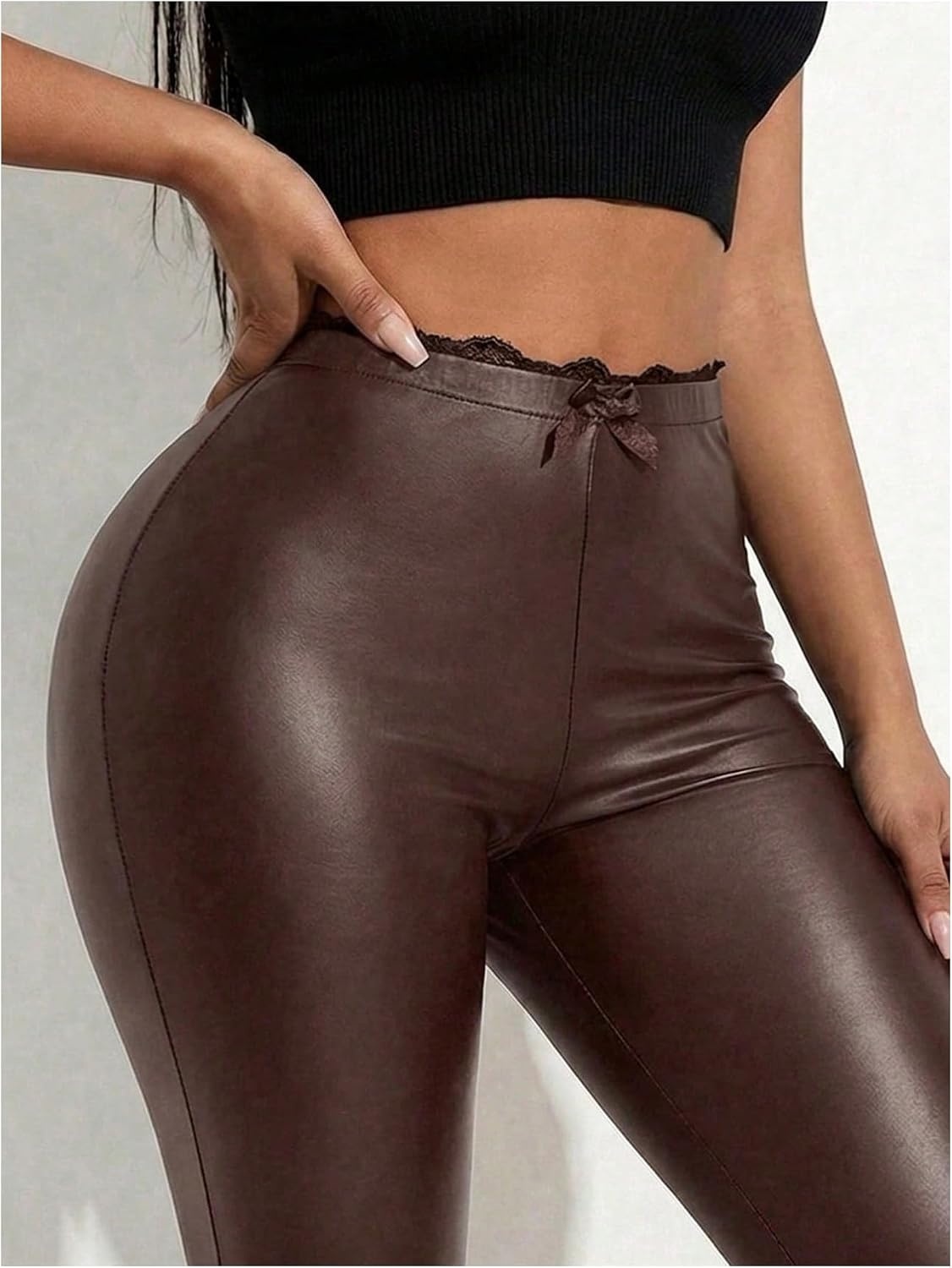 image:imageMilumia Womens PU Coated Capri Leggings Lace Trim Skinny Cropped PantsBrown